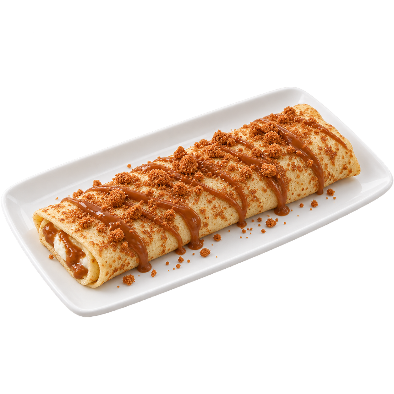 Biscoff Crêpe drizzled with biscoff sauce and topped with cookie crumble